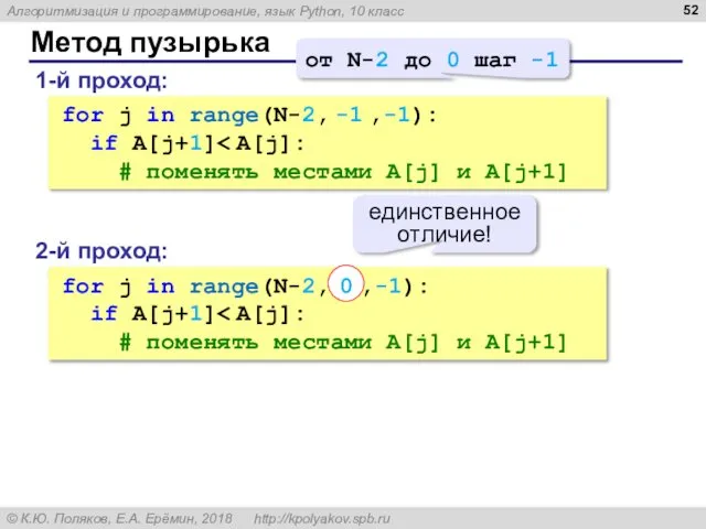 Метод пузырька 1-й проход: for j in range(N-2, -1 ,-1): if