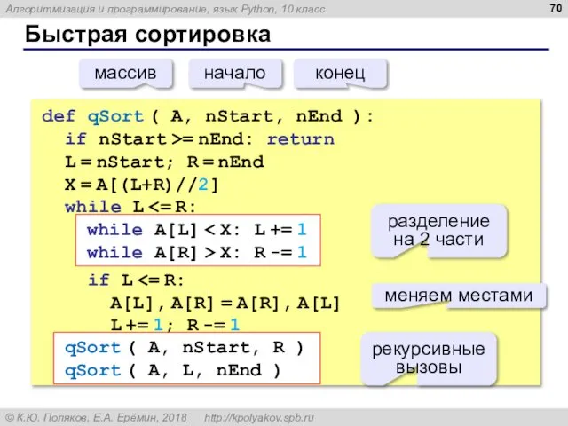 Быстрая сортировка def qSort ( A, nStart, nEnd ): if nStart