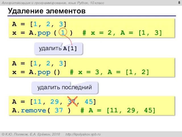 Удаление элементов A = [1, 2, 3] x = A.pop (