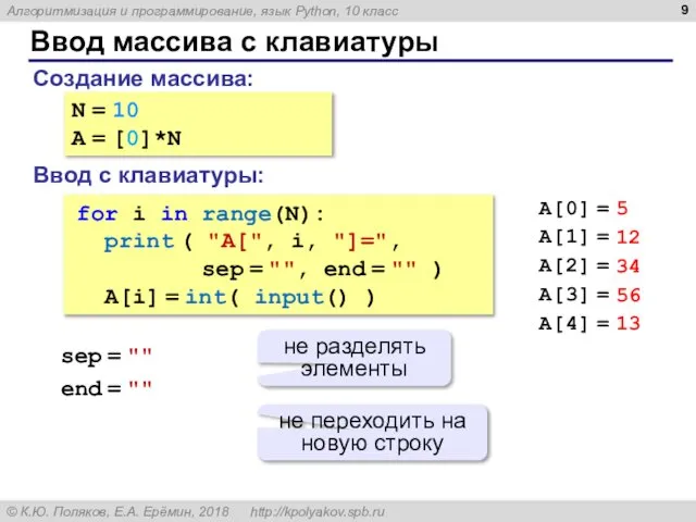 Ввод массива с клавиатуры Создание массива: Ввод с клавиатуры: N =