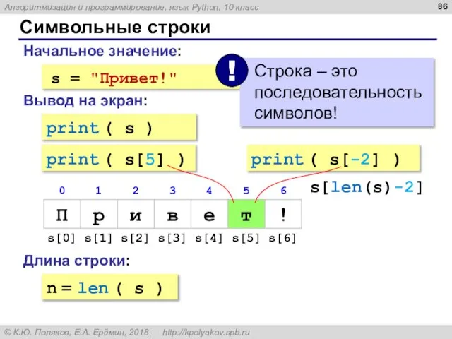 Символьные строки Начальное значение: Вывод на экран: print ( s )