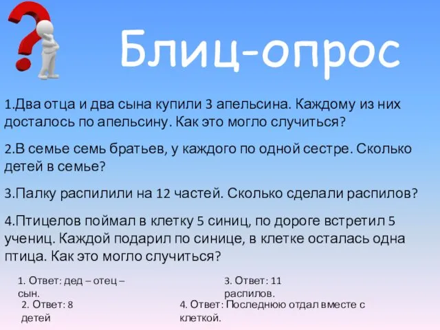 1.Два отца и два сына купили 3 апельсина. Каждому из них