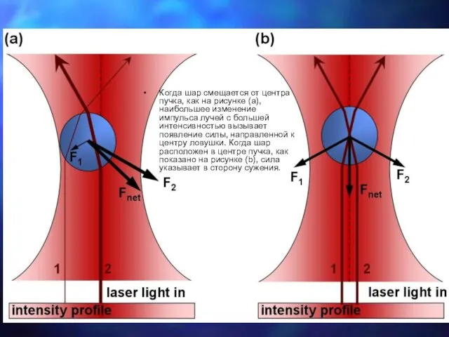 Когда шар смещается от центра пучка, как на рисунке (a), наибольшее