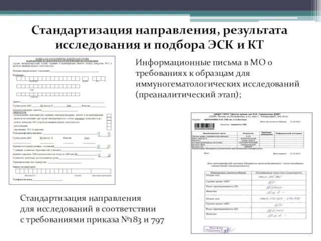 Стандартизация направления, результата исследования и подбора ЭСК и КТ Информационные письма