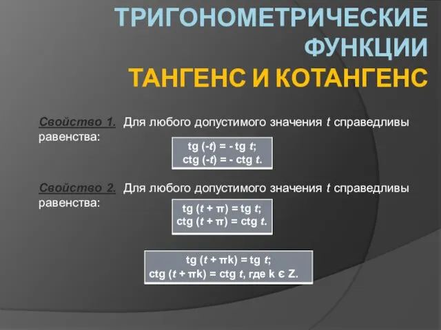 ТРИГОНОМЕТРИЧЕСКИЕ ФУНКЦИИ ТАНГЕНС И КОТАНГЕНС Свойство 1. Для любого допустимого значения