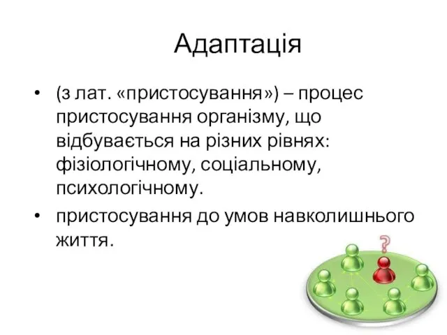 Адаптація (з лат. «пристосування») – процес пристосування організму, що відбувається на