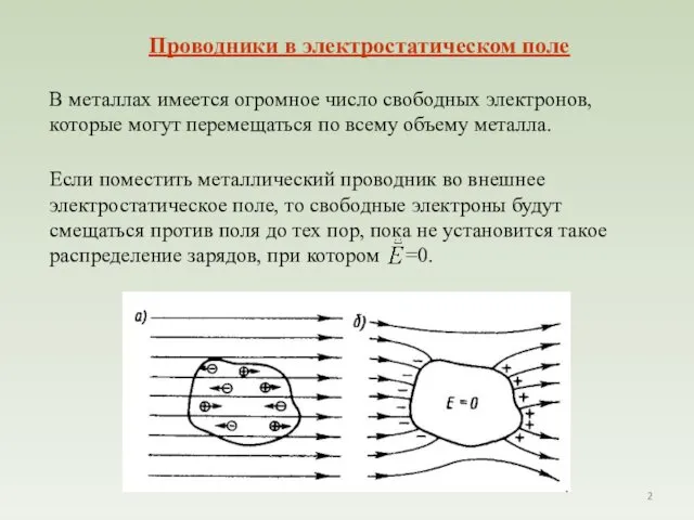 Проводники в электростатическом поле В металлах имеется огромное число свободных электронов,