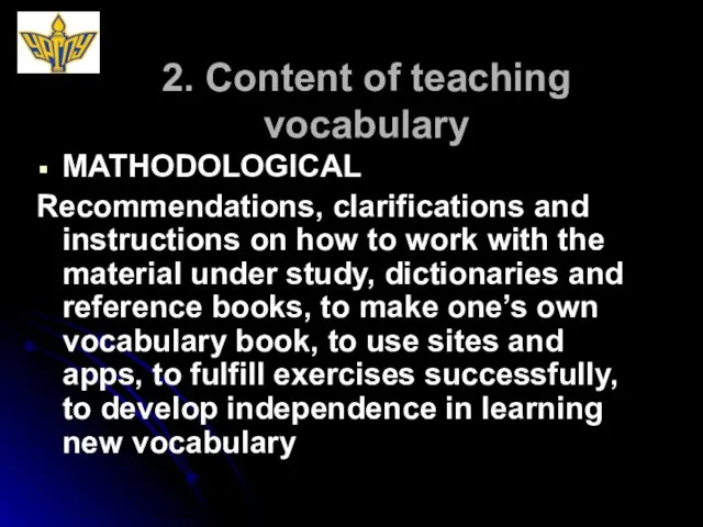 2. Content of teaching vocabulary MATHODOLOGICAL Recommendations, clarifications and instructions on