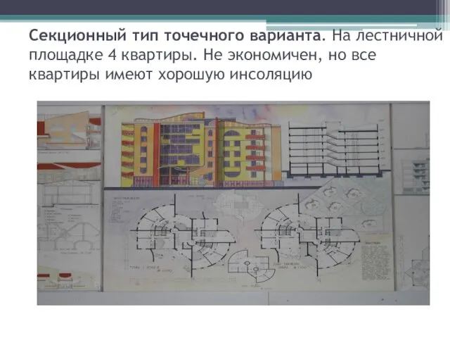 Секционный тип точечного варианта. На лестничной площадке 4 квартиры. Не экономичен,