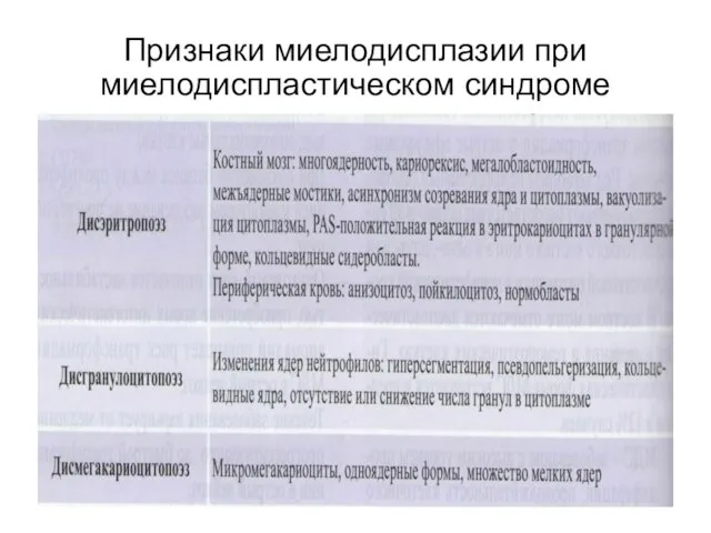 Признаки миелодисплазии при миелодиспластическом синдроме