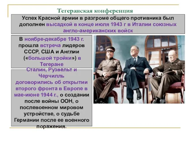 Тегеранская конференция Успех Красной армии в разгроме общего противника был дополнен