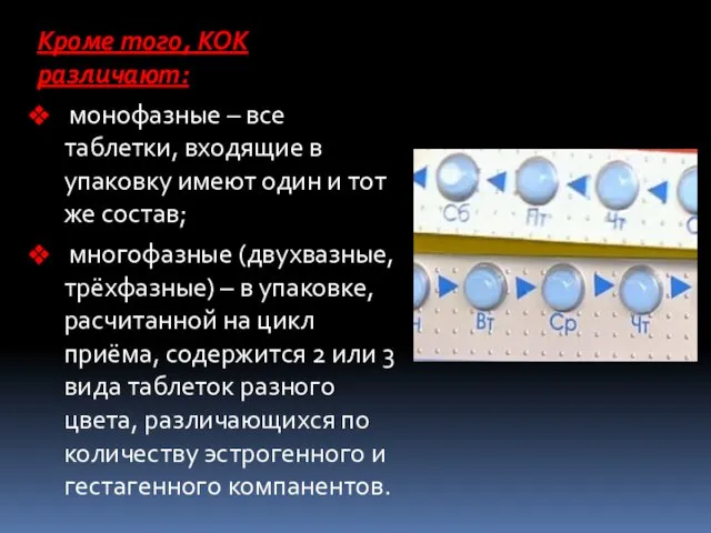 Кроме того, КОК различают: монофазные – все таблетки, входящие в упаковку