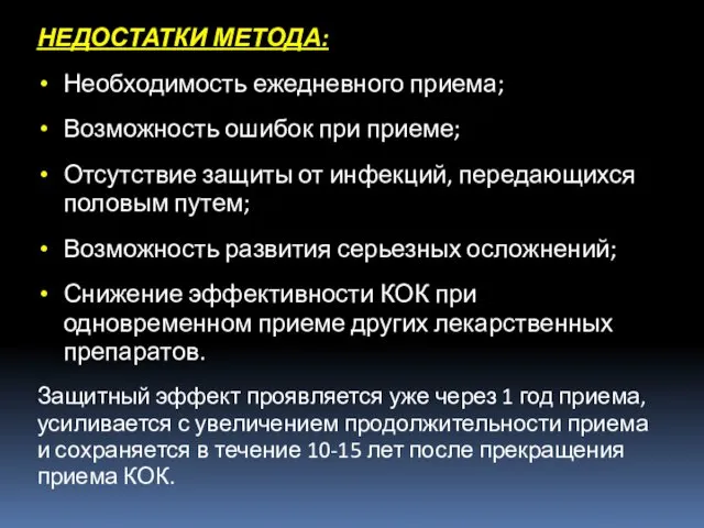 НЕДОСТАТКИ МЕТОДА: Необходимость ежедневного приема; Возможность ошибок при приеме; Отсутствие защиты