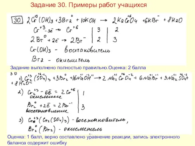 Оценка: 1 балл, верно составлено уравнение реакции, запись электронного баланса содержит