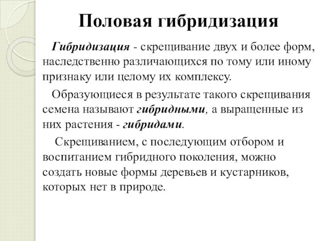 Половая гибридизация Гибридизация - скрещивание двух и более форм, наследственно различающихся