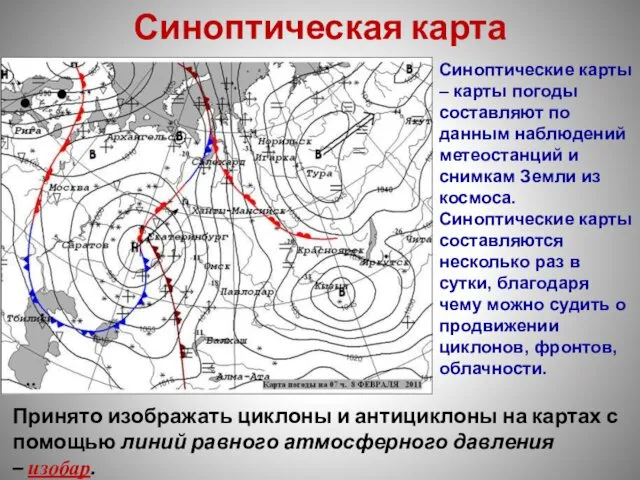 Синоптическая карта Принято изображать циклоны и антициклоны на картах с помощью