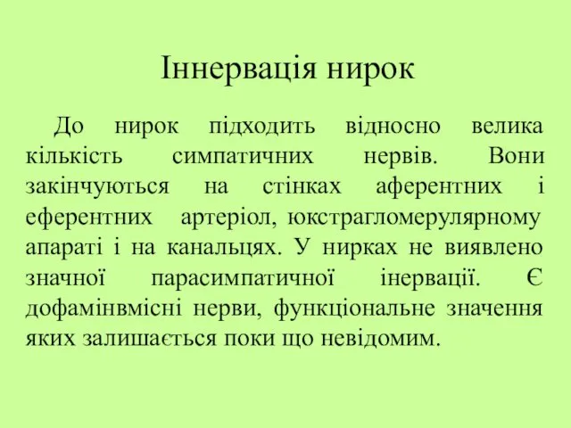 Іннервація нирок До нирок підходить відносно велика кількість симпатичних нервів. Вони