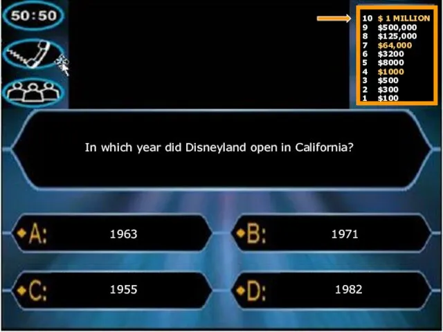 In which year did Disneyland open in California? 1963 1982 1971