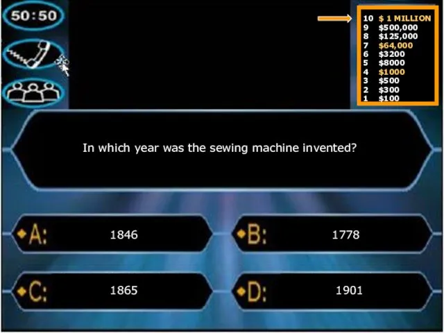 In which year was the sewing machine invented? 1846 1901 1778