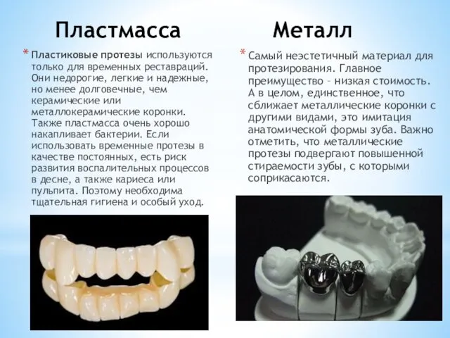 Пластмасса Пластиковые протезы используются только для временных реставраций. Они недорогие, легкие