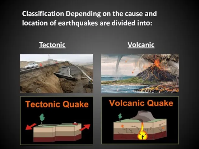 Classification Depending on the cause and location of earthquakes are divided into: Tectonic Volcanic