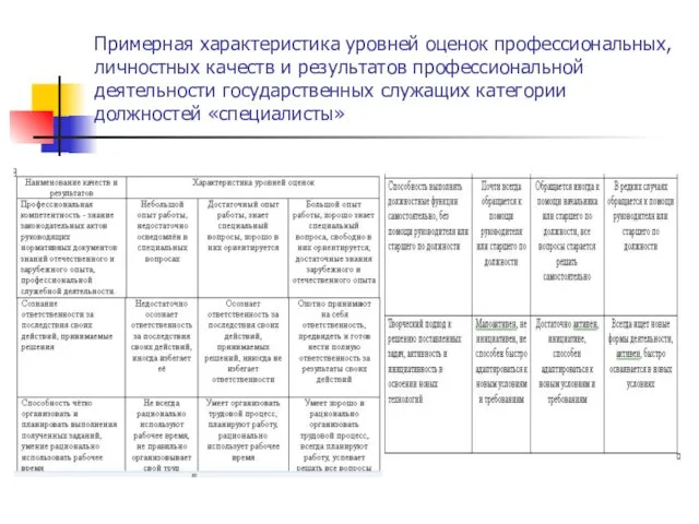 Примерная характеристика уровней оценок профессиональных, личностных качеств и результатов профессиональной деятельности государственных служащих категории должностей «специалисты»