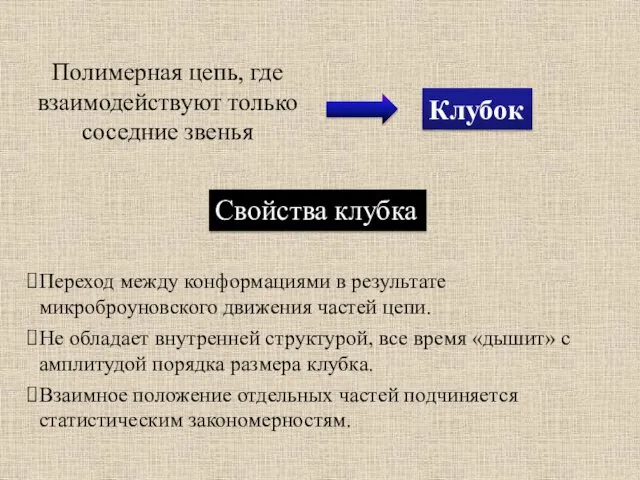 Полимерная цепь, где взаимодействуют только соседние звенья Клубок Свойства клубка Переход