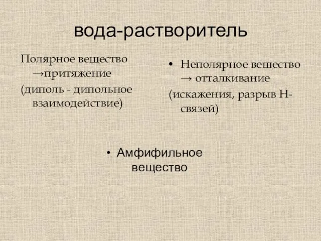 вода-растворитель Полярное вещество →притяжение (диполь - дипольное взаимодействие) Неполярное вещество →