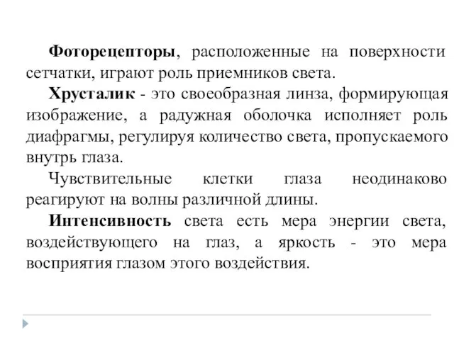 Фоторецепторы, расположенные на поверхности сетчатки, играют роль приемников света. Хрусталик -