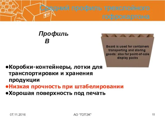 07.11.2016 АО "ГОТЭК" Средний профиль трехслойного гофрокартона Профиль В Коробки-контейнеры, лотки