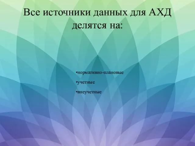 Все источники данных для АХД делятся на: нормативно-плановые учетные внеучетные