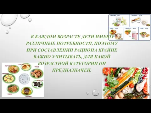 В КАЖДОМ ВОЗРАСТЕ ДЕТИ ИМЕЮТ РАЗЛИЧНЫЕ ПОТРЕБНОСТИ, ПОЭТОМУ ПРИ СОСТАВЛЕНИИ РАЦИОНА