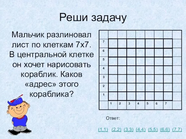 Реши задачу Мальчик разлиновал лист по клеткам 7х7. В центральной клетке