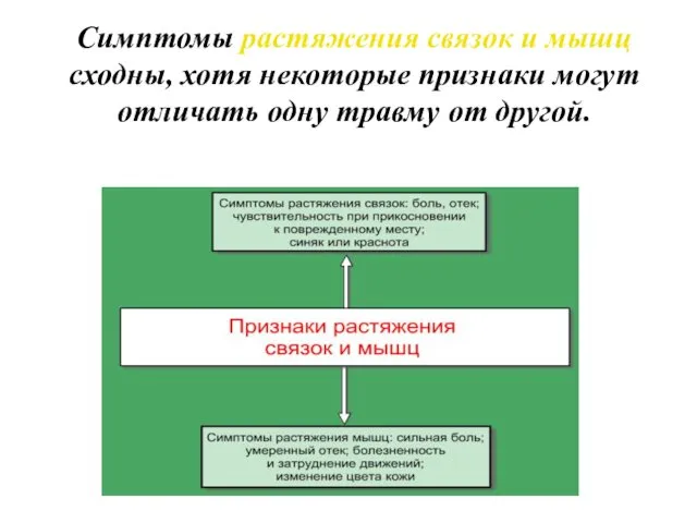 Симптомы растяжения связок и мышц сходны, хотя некоторые признаки могут отличать одну травму от другой.