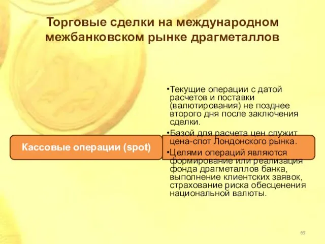 Торговые сделки на международном межбанковском рынке драгметаллов Кассовые операции (spot) Текущие