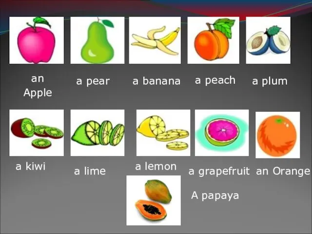 an Apple a pear a banana a peach a plum an