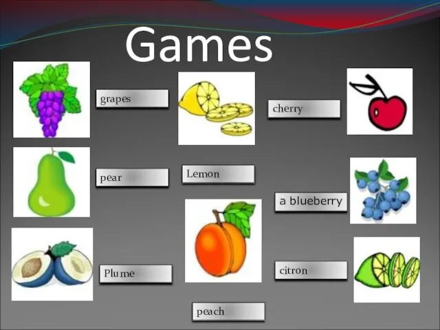 Games 1. 2. 3. grapes pear Plume Lemon peach cherry a blueberry citron