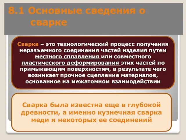 8.1 Основные сведения о сварке Сварка – это технологический процесс получения