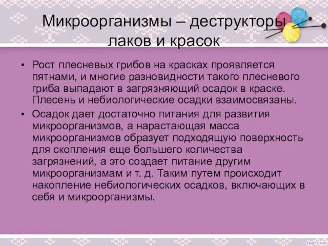 Микроорганизмы – деструкторы лаков и красок Рост плесневых грибов на красках