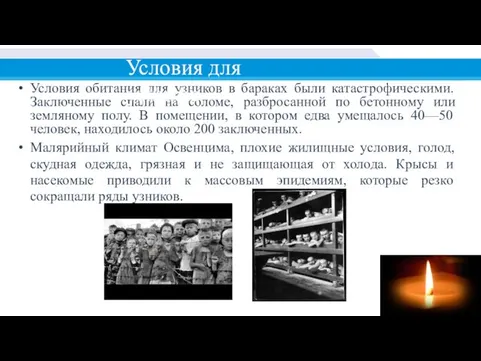 Условия обитания для узников в бараках были катастрофическими. Заключенные спали на