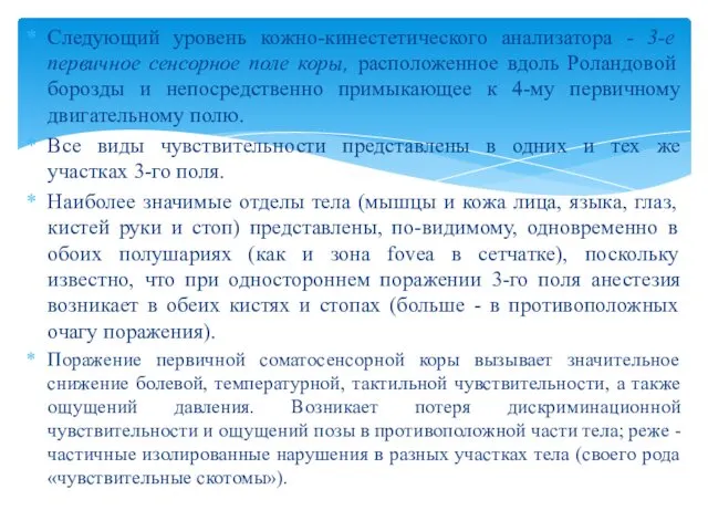 Следующий уровень кожно-кинестетического анализатора - 3-е первичное сенсорное поле коры, расположенное