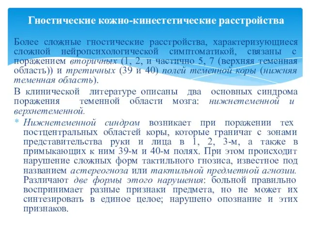 Более сложные гностические расстройства, характеризующиеся сложной нейропсихологической симптоматикой, связаны с поражением