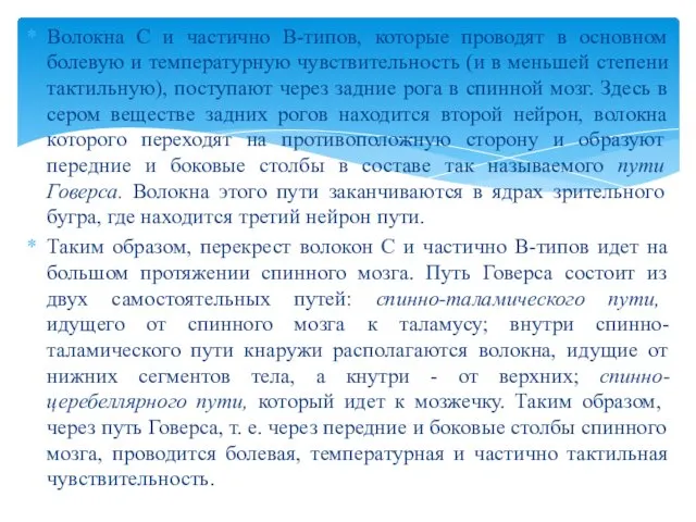 Волокна С и частично В-типов, которые проводят в основном болевую и