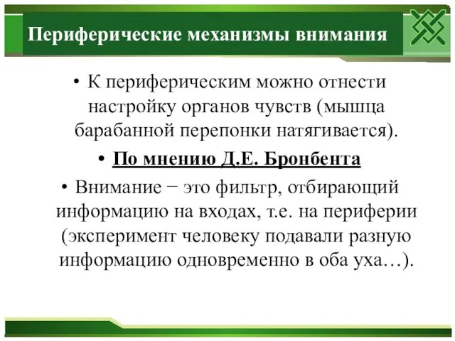 Периферические механизмы внимания К периферическим можно отнести настройку органов чувств (мышца