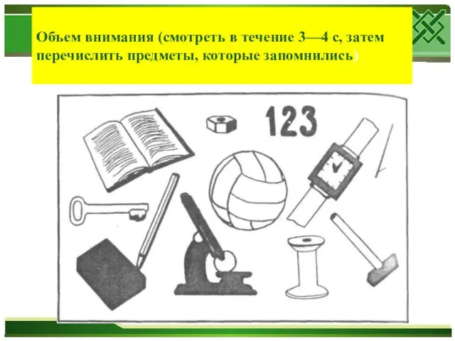 Объем внимания (смотреть в течение 3—4 с, затем перечислить предметы, которые запомнились)