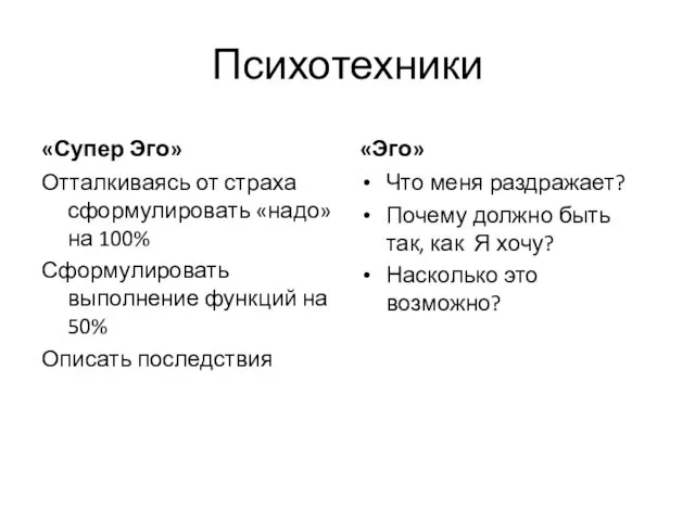 Психотехники «Супер Эго» Отталкиваясь от страха сформулировать «надо» на 100% Сформулировать