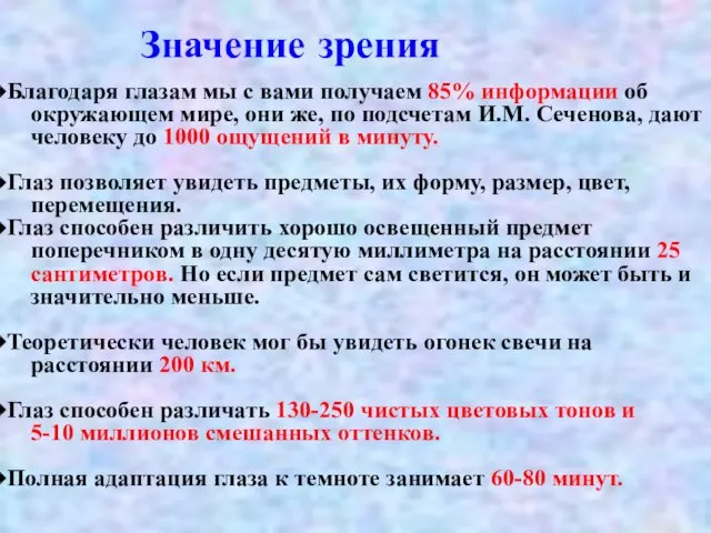 Значение зрения Благодаря глазам мы с вами получаем 85% информации об