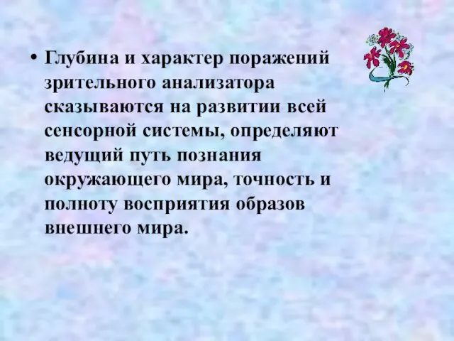 Глубина и характер поражений зрительного анализатора сказываются на развитии всей сенсорной