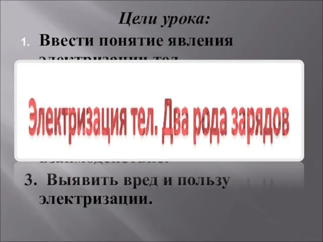 Цели урока: Ввести понятие явления электризации тел. Познакомиться с особенностями электризации.