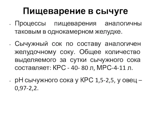 Пищеварение в сычуге Процессы пищеварения аналогичны таковым в однокамерном желудке. Сычужный